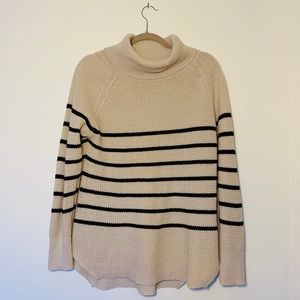 Cream and black stripe knit sweater, cowl neck.